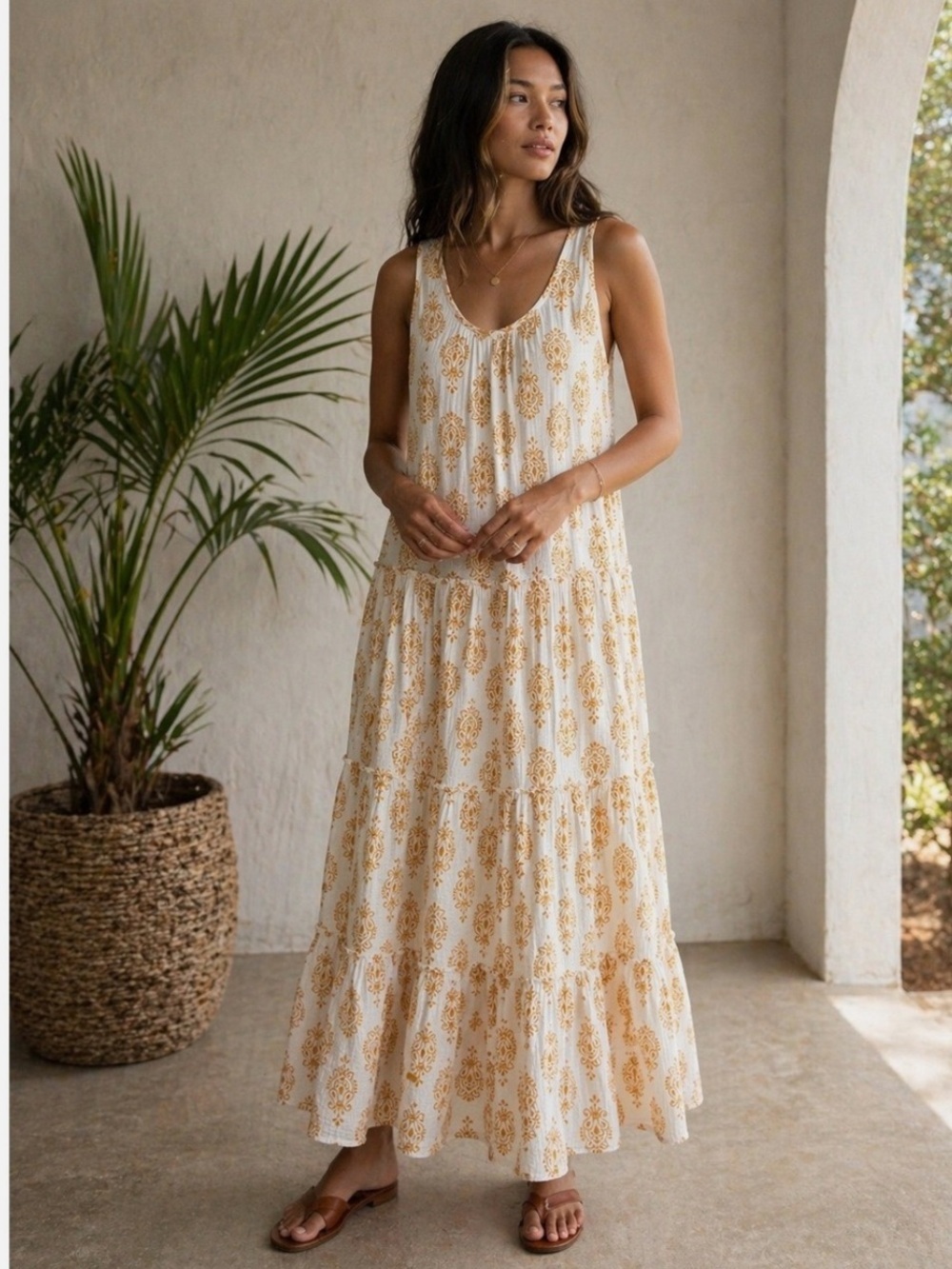 Soft Surroundings 100% Cotton Gauze Tiered Boho Maxi Dress Yellow Damask